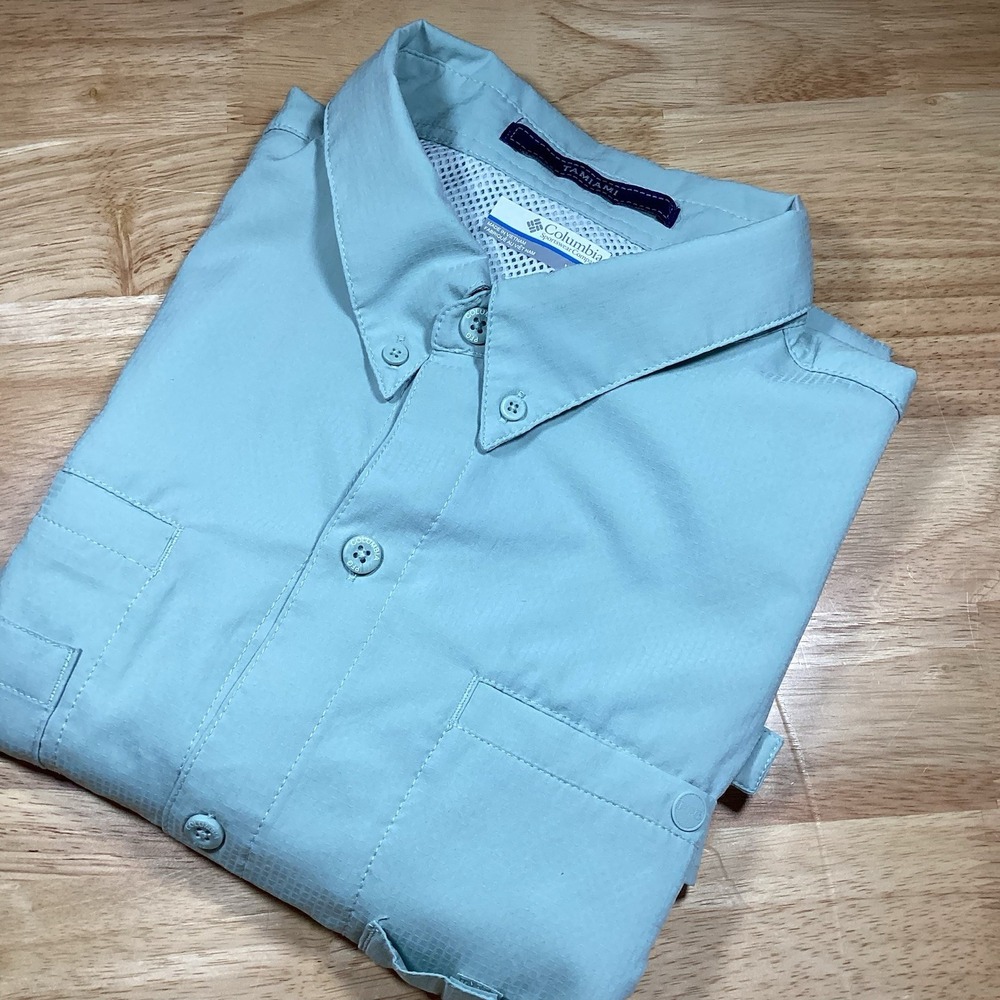 Columbia Tamiami Mint Blue Green Aqua Short Sleeve PFG Fishing Shirt XL